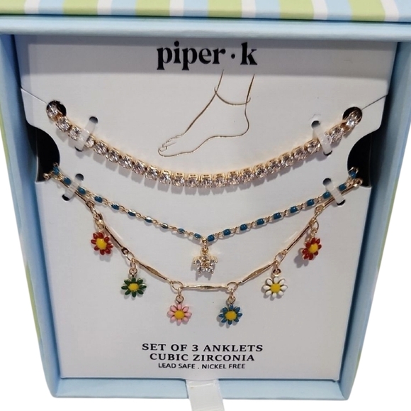 🔹️Piper K 🔹Set Cubic Zirconia Set of 3 Anklet with Colorful Floral Charms ✨️🌼 - Picture 1 of 4